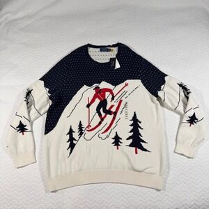 Polo Ralph Lauren Men 2XLT Tall Ski Scene Graphic Knit Sweater Chunky Navy White